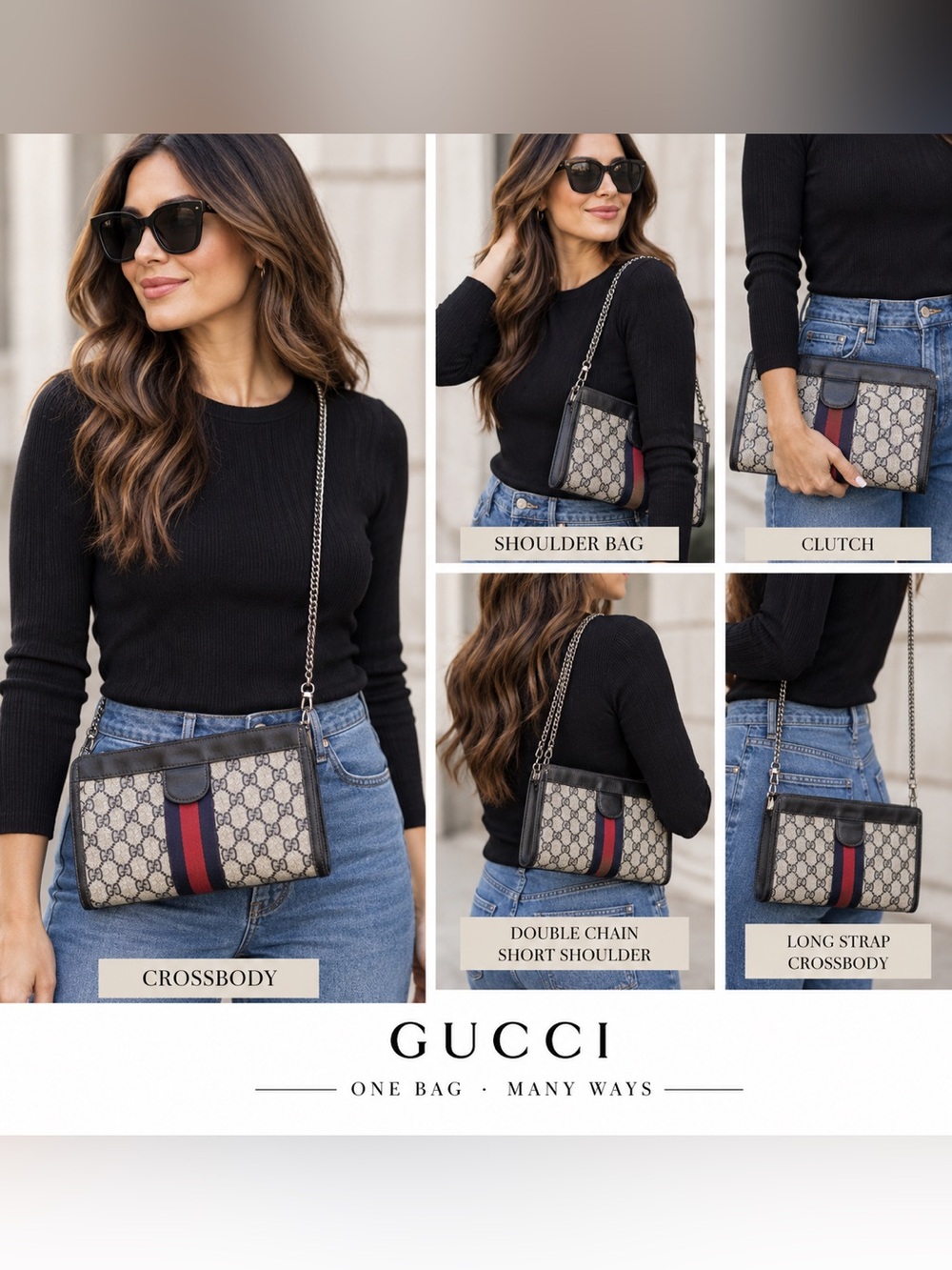 Gucci Beige GG Supreme Crossbody with Navy Trim and Red-Blue Stripe